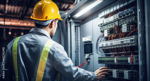 Electrician engineer in hard hat tests electrical installations