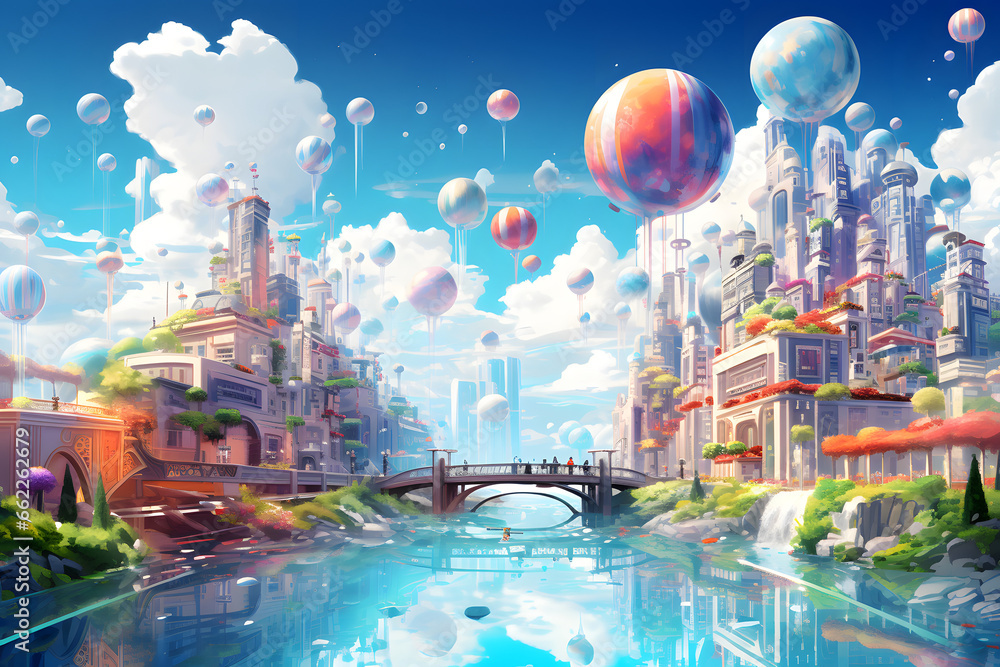 A Surreal Floating City on an Abstract Background
