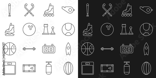 Set line Rugby ball, Surfboard, Tennis, Roller skate, Bowling, Skates, Baseball bat and Chess icon. Vector