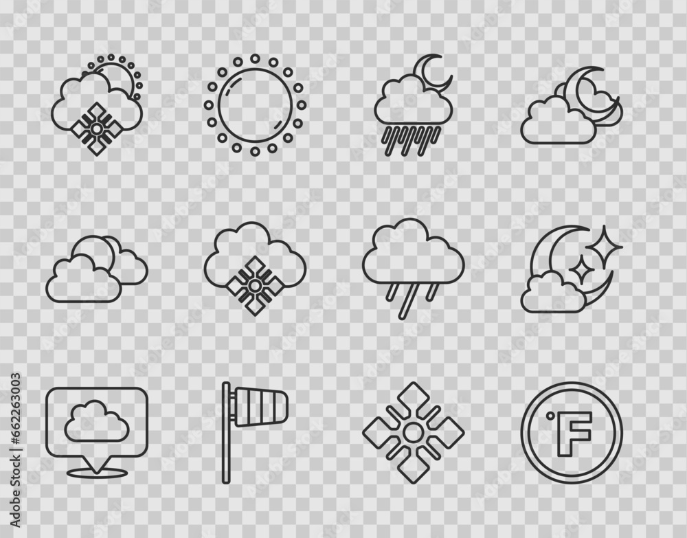 Set line Location cloud, Fahrenheit, Cloud with rain and moon, Cone windsock wind vane, snow sun, Snowflake and icon. Vector - obrazy, fototapety, plakaty 