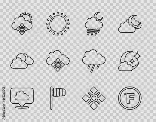 Set line Location cloud, Fahrenheit, Cloud with rain and moon, Cone windsock wind vane, snow sun, Snowflake and icon. Vector