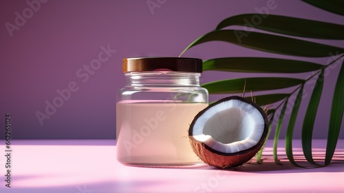  a bottle of coconut oil next to a half eaten coconut. generative ai