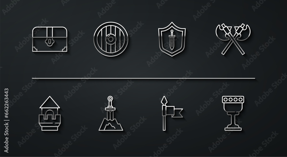 Set line Antique treasure chest, Castle tower, Crossed medieval axes, Medieval spear, Sword in the stone, Round wooden shield, goblet and with sword icon. Vector Set line Antique treasure chest, Castle tower, Crossed medieval axes, Medieval spear, Sword in the stone, Round wooden shield, goblet and with sword icon. Vector