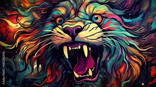  a colorful lion with its mouth open and teeth wide open.  generative ai