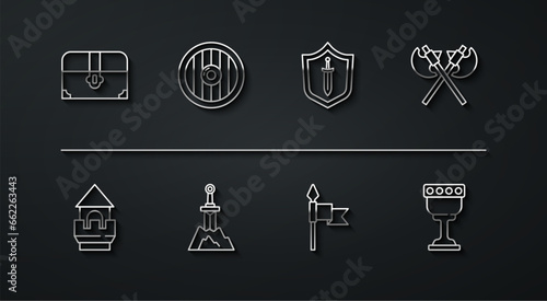 Set line Antique treasure chest, Castle tower, Crossed medieval axes, Medieval spear, Sword in the stone, Round wooden shield, goblet and with sword icon. Vector