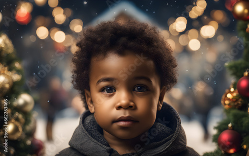 A black mixed race boy toddler standing in front of at a christmas tree 