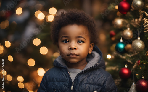 A black mixed race boy toddler standing in front of at a christmas tree  © julien.habis
