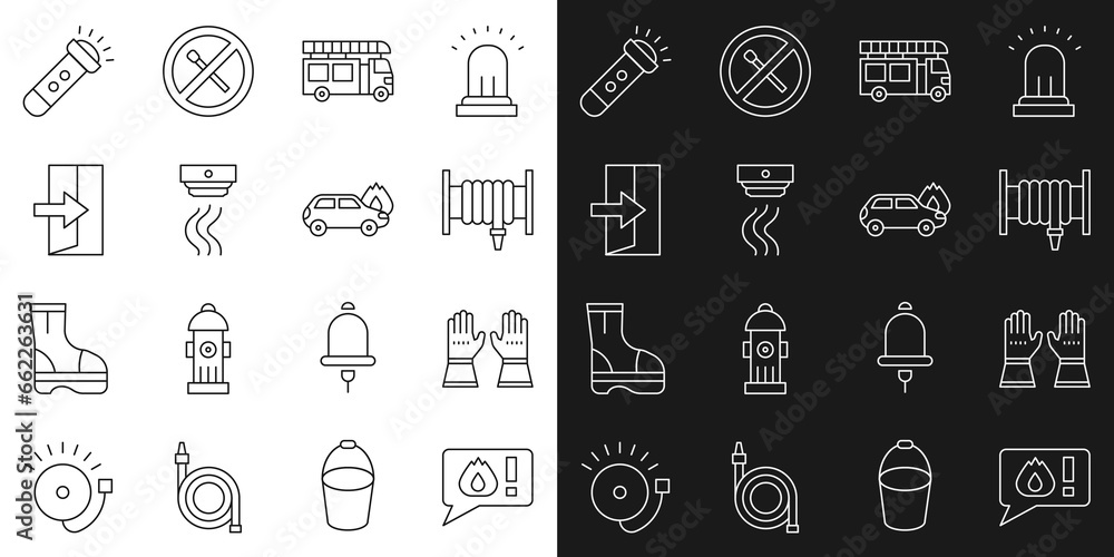 Set line Telephone call 911, Firefighter gloves, hose reel, truck, Smoke alarm system, exit, Flashlight and Burning car icon. Vector