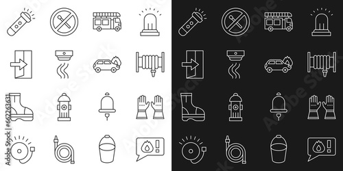 Set line Telephone call 911, Firefighter gloves, hose reel, truck, Smoke alarm system, exit, Flashlight and Burning car icon. Vector