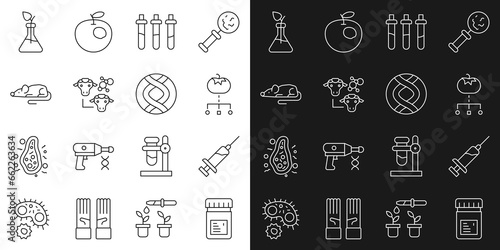 Set line Jar with additives, Syringe, Genetically modified food, Reagent bottle, Cloning, Experimental mouse, Plant breeding and DNA symbol icon. Vector