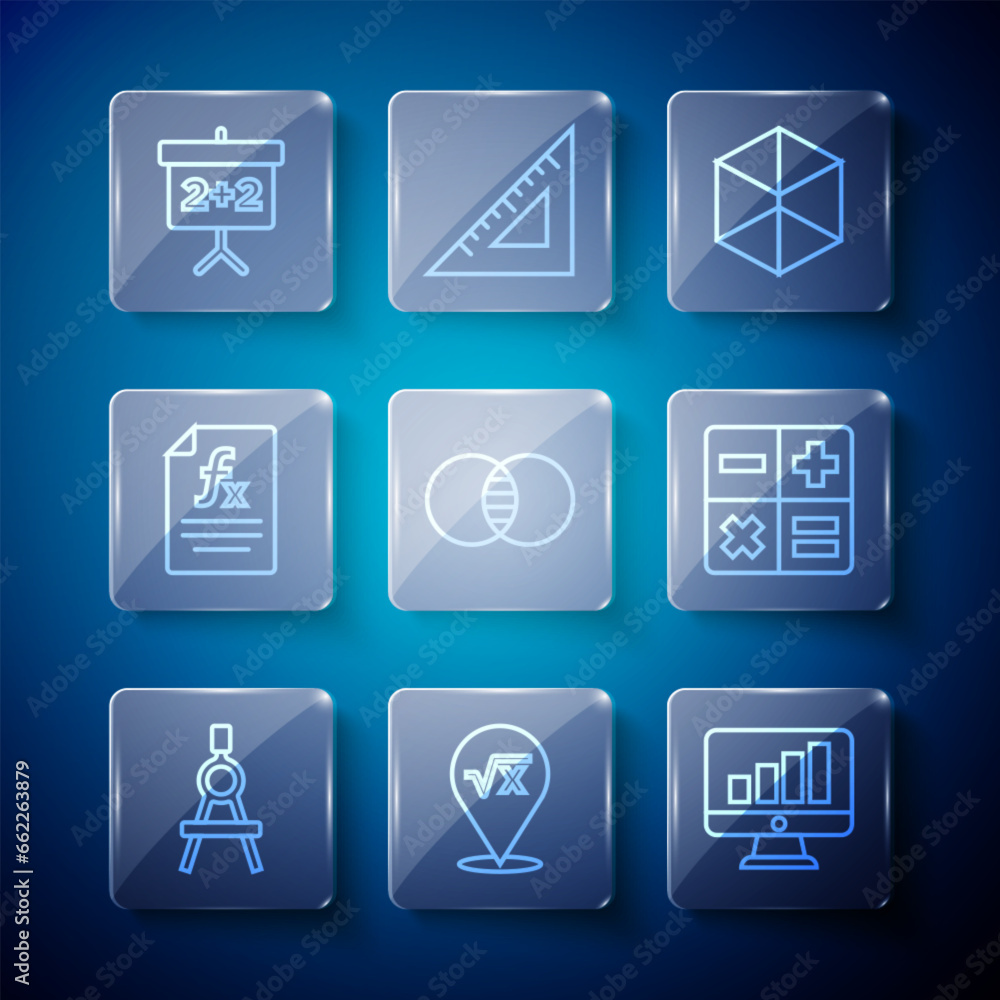 Set line Drawing compass, Computer monitor with graph chart, Geometric figure Cube, Mathematics sets A and B, Function mathematical symbol, Chalkboard and Calculator icon. Vector Set line Drawing compass, Computer monitor with graph chart, Geometric figure Cube, Mathematics sets A and B, Function mathematical symbol, Chalkboard and Calculator icon. Vector