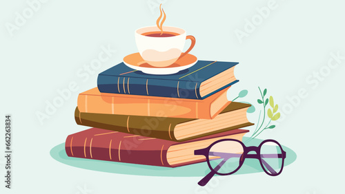 Stack of Books with Glasses and Coffee, in the Style of Flat Designs