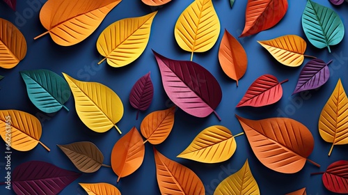  a group of colorful leaves on a blue background with a blue background. generative ai
