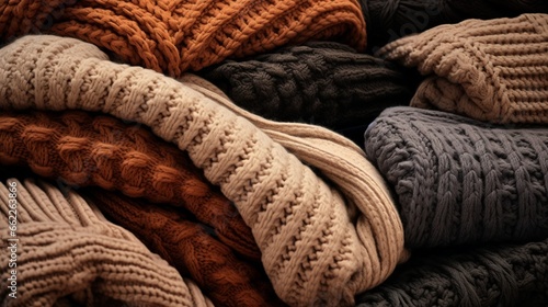 Pile of knitted fabrics in earthy tones.