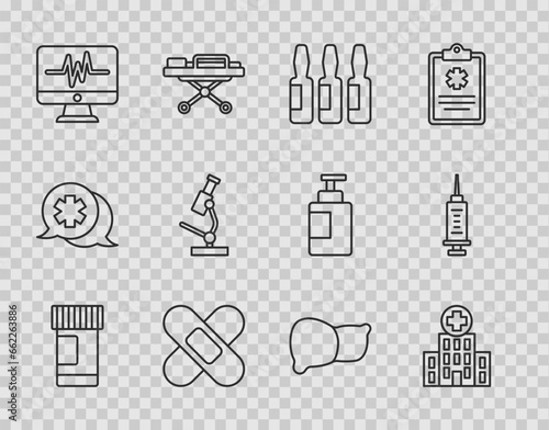 Set line Medicine bottle and pills, Medical hospital building, vial, ampoule, Crossed bandage plaster, Monitor with cardiogram, Microscope, Human organ liver and Syringe icon. Vector