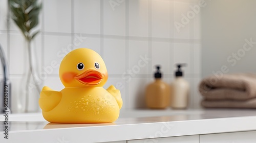  a yellow rubber duck sitting on a counter in a bathroom.  generative ai