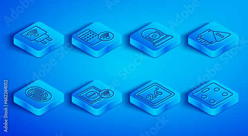 Set line Smart electric plug, Air humidifier, Ringing alarm bell, electrical outlet, Thermostat, House under protection, Fingerprint and bathroom scales icon. Vector