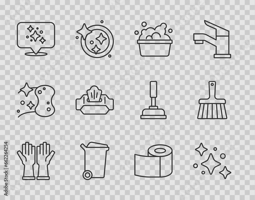 Set line Rubber gloves, Home cleaning service, Basin with soap suds, Trash can, Wet wipe pack, Toilet paper roll and Handle broom icon. Vector