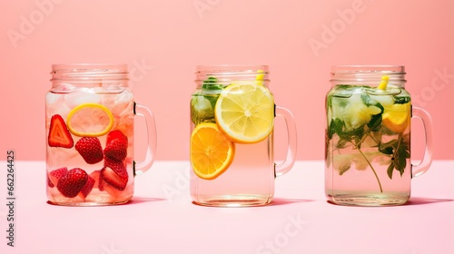  three mason jars filled with lemons, strawberries, and lemonade. generative ai