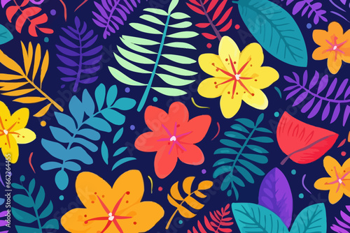 Tropical leaves and flowers quirky doodle pattern, wallpaper, background, cartoon, vector, whimsical Illustration