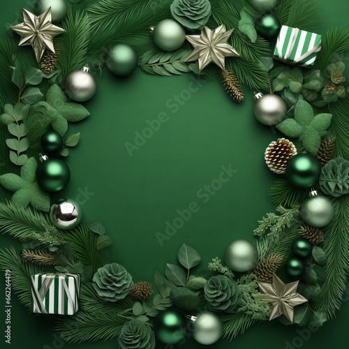 Christmas template in circle with lanterns and tree pines on green background