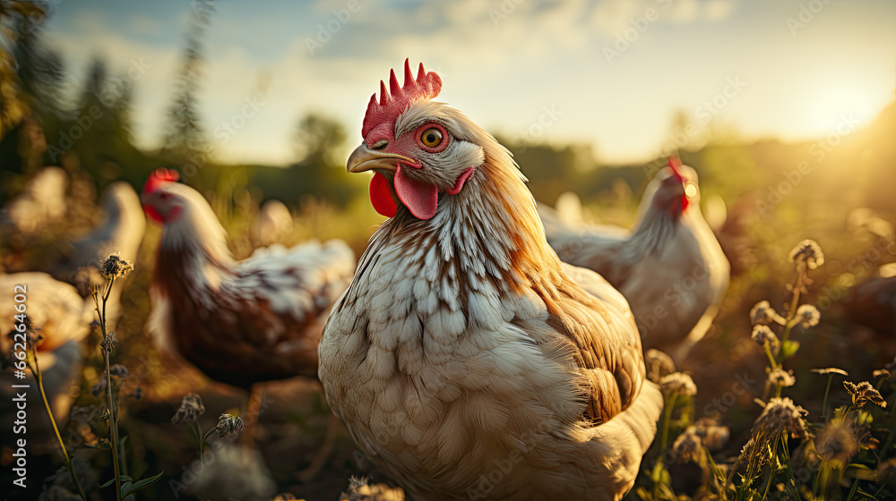 Organic poultry farm in countryside field focusing on sustainability meat and eggs production Organic poultry farm in countryside field focusing on sustainability meat and eggs production