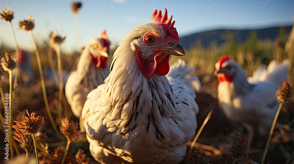 Organic poultry farm in countryside field focusing on sustainability meat and eggs production