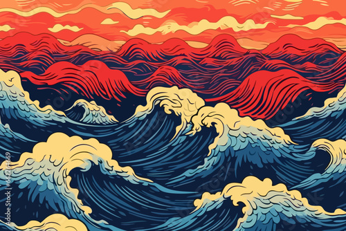 Sunset in a stormy sea quirky doodle pattern, wallpaper, background, cartoon, vector, whimsical Illustration
