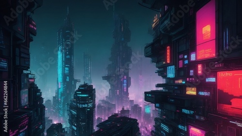 "An illustration depicting the Cyberpunk streets from an aerial view of the futuristic city, during the night."