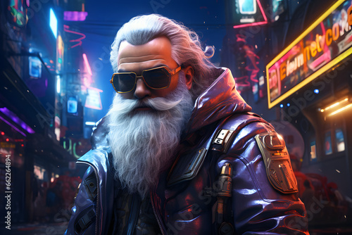A Futuristic Santa Claus in a Neon City