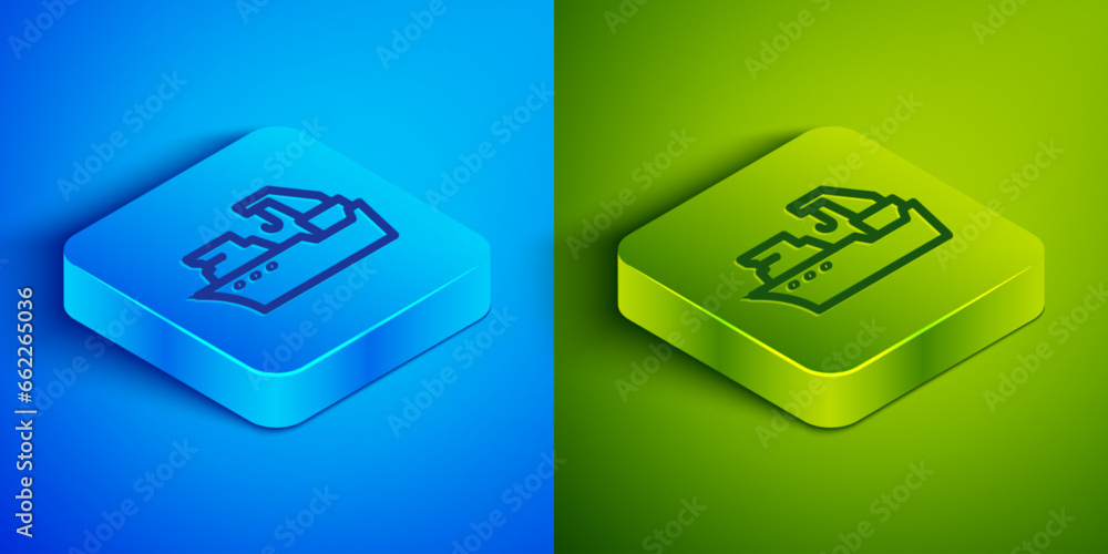 Isometric line Fishing boat icon isolated on blue and green background. Fishing trawler. Square button. Vector Isometric line Fishing boat icon isolated on blue and green background. Fishing trawler. Square button. Vector