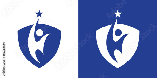 logo design combining a person's success with the shape of a shield