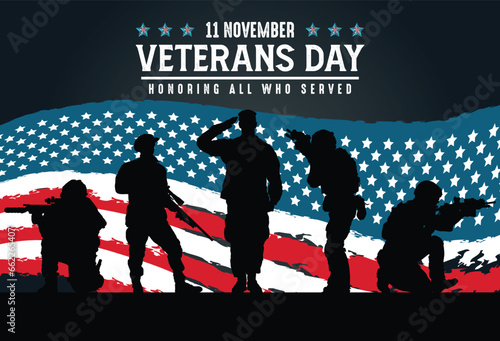 Veterans Day military vector or soldier silhouette with American flag background