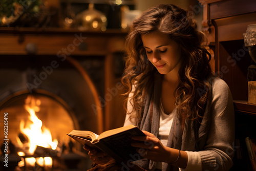 A Person Reading by a Small Fireplace