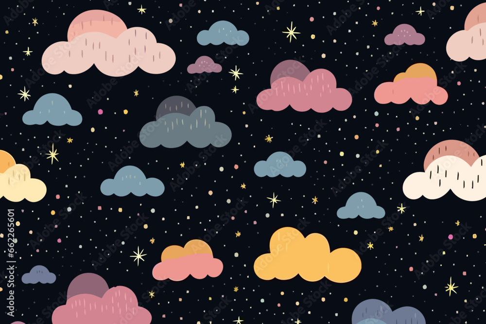 Dark clouds quirky doodle pattern, wallpaper, background, cartoon, vector, whimsical Illustration