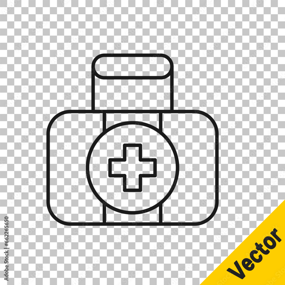 Fototapeta premium Black line First aid kit icon isolated on transparent background. Medical box with cross. Medical equipment for emergency. Healthcare concept. Vector