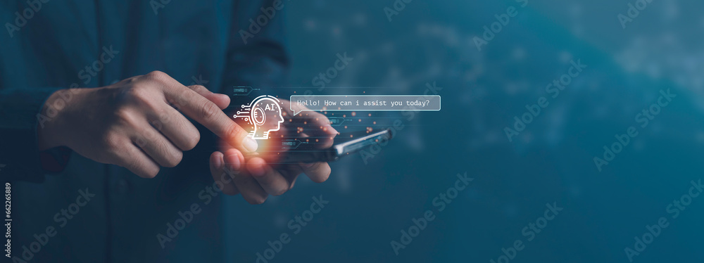 Ai, artificial intelligence technology concept. Human or businessman use Ai tech, technology smart robot AI, virtual graphic Global Internet connect Command prompt Chat, technology, assistant.