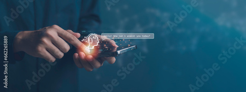 Obraz na płótnie Ai, artificial intelligence technology concept. Human or businessman use Ai tech, technology smart robot AI, virtual graphic Global Internet connect Command prompt Chat, technology, assistant. w salonie