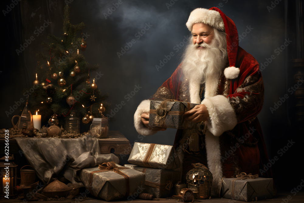 A Christmas Santa Claus with Presents Under a Christmas Tree
