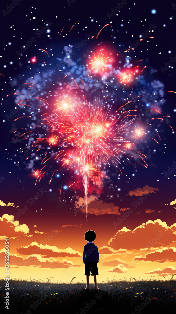 Silhouette of a boy looking at fireworks above the meadow