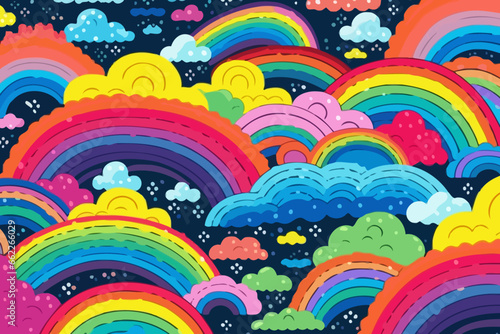 Rainbow after a storm quirky doodle pattern, wallpaper, background, cartoon, vector, whimsical Illustration