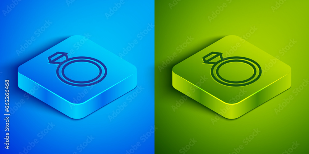 Isometric line Wedding rings icon isolated on blue and green background. Bride and groom jewelry sign. Marriage symbol. Diamond ring. Square button. Vector Isometric line Wedding rings icon isolated on blue and green background. Bride and groom jewelry sign. Marriage symbol. Diamond ring. Square button. Vector