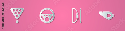Set paper cut Billiard balls in rack triangle, Steering wheel, Bow and arrow quiver and Whistle icon. Paper art style. Vector
