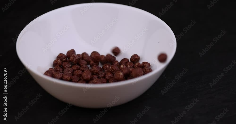 pour dry chocolate balls sweet and healthy breakfast , used to make a quick breakfast with milk chocolate flakes pour dry chocolate balls sweet and healthy breakfast , used to make a quick breakfast with milk chocolate flakes