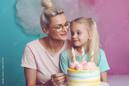 Mother and child celebrating a birthday, AI generated