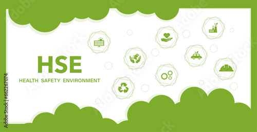 HSE - Health Safety Environment concept. for business and organization. Green icon Set and Web Header Banner..