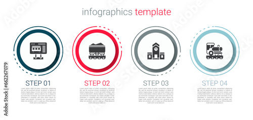 Set Ticket office to buy tickets, Coal train wagon, Railway station and Vintage locomotive. Business infographic template. Vector