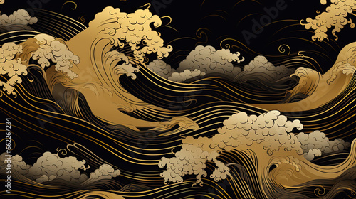 Wallpapers and textile patterns vintage a gold wave pattern on a black background. Seascapes in traditional chinese painting photo