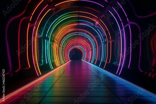 Colorful abstract tunnel with neon lights. Generative AI