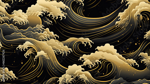 Wallpapers and textile patterns vintage a gold wave pattern on a black background. Seascapes in traditional chinese painting